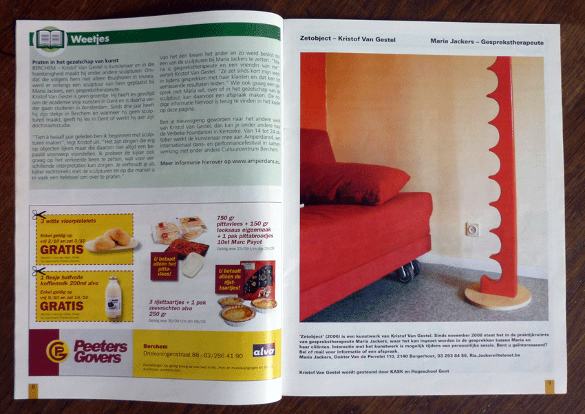 Advertisement for the project with 'Zetobject' (2006) in 'Opsinjoren' (Borgerhout/Berchem), a free local advertising magazine. Graphic Design: Raf Van Campenhoudt.
