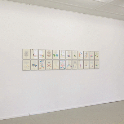 'Tekensjabloon: tekeningen CKV-dag' (2012) drawings on prints on paper, aluminum frames